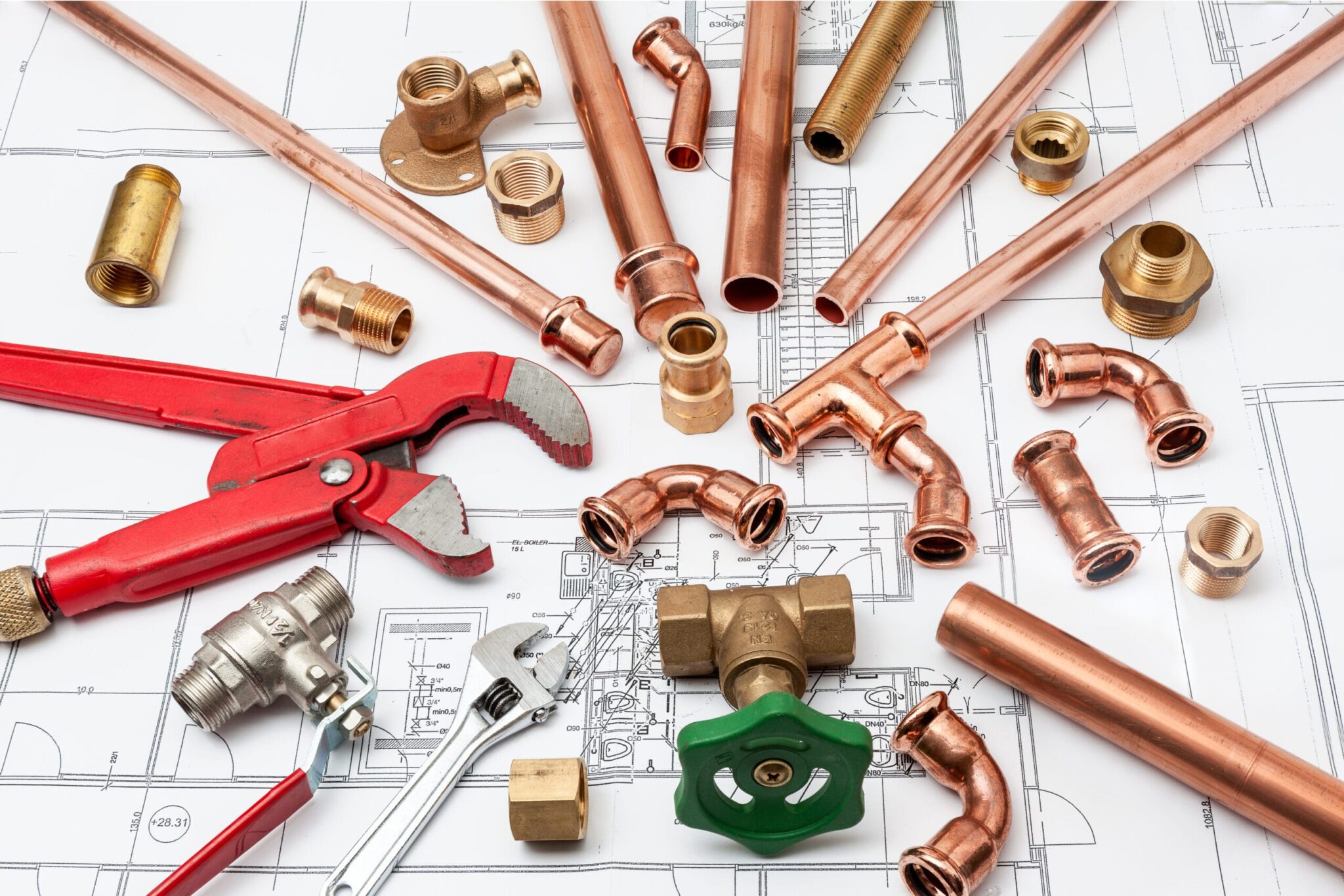 Copper pipes, fittings, valves, and plumbing tools in Valrico