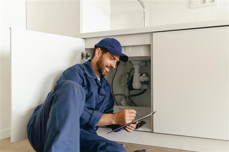 Residential plumber reviewing plumbing repairs in a Valrico kitchen