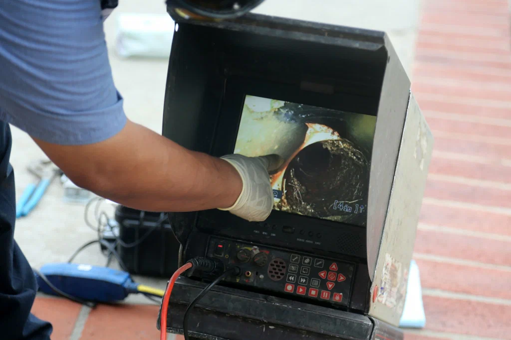 Technician viewing a drain inspection camera in Valrico