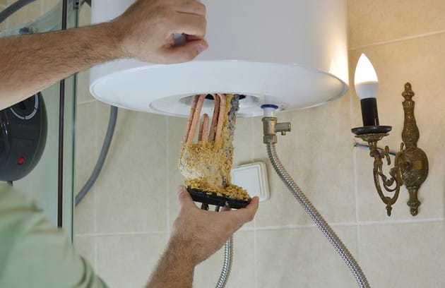 Technician removing mineral buildup from a water heater in Valrico